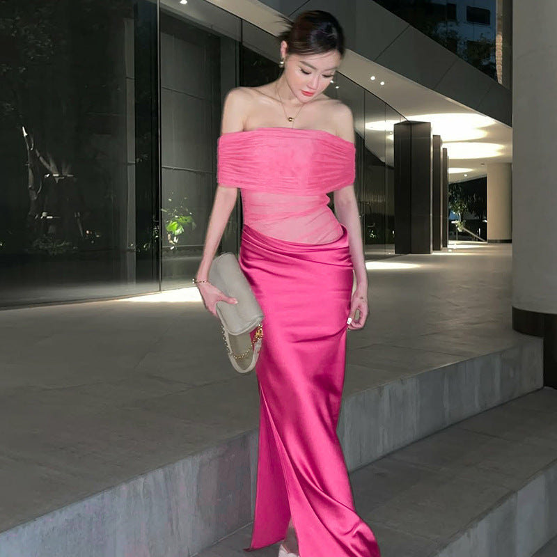 Women's Fashionable See-through Stitching Off-shoulder Dress
