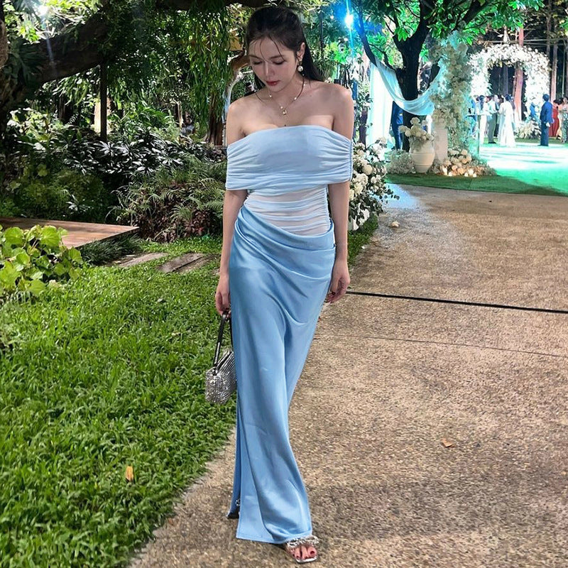 Women's Fashionable See-through Stitching Off-shoulder Dress
