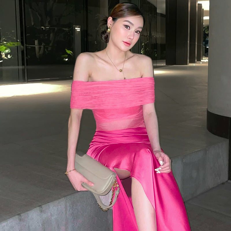 Women's Fashionable See-through Stitching Off-shoulder Dress