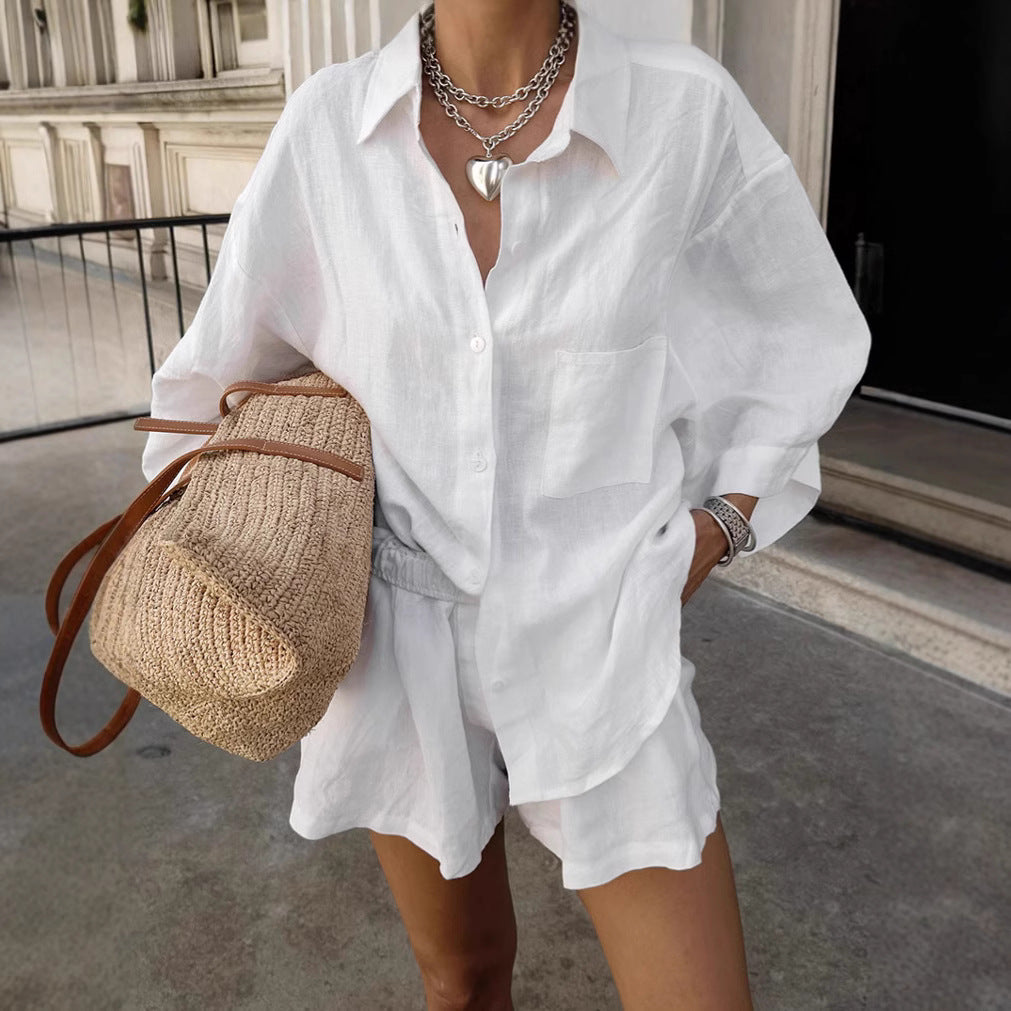 Simple Loose Shirt Suit Women's 100 Cotton Coat Shorts