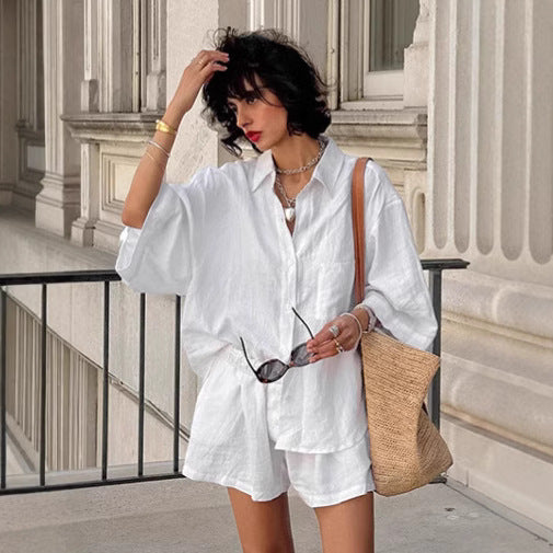 Simple Loose Shirt Suit Women's 100 Cotton Coat Shorts