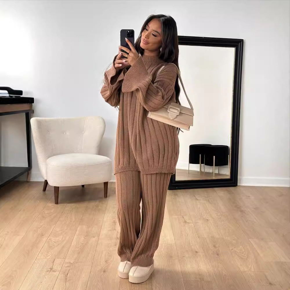 Solid Color Idle Style Round Neck Loose Sweater Trousers Two-piece Set