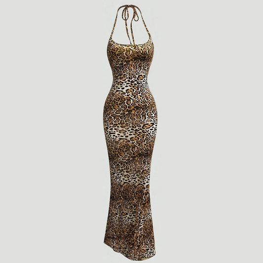 Halter Spaghetti Straps Leopard Print Slim Fit Exposed Back New Dress