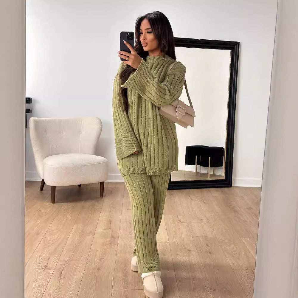 Solid Color Idle Style Round Neck Loose Sweater Trousers Two-piece Set