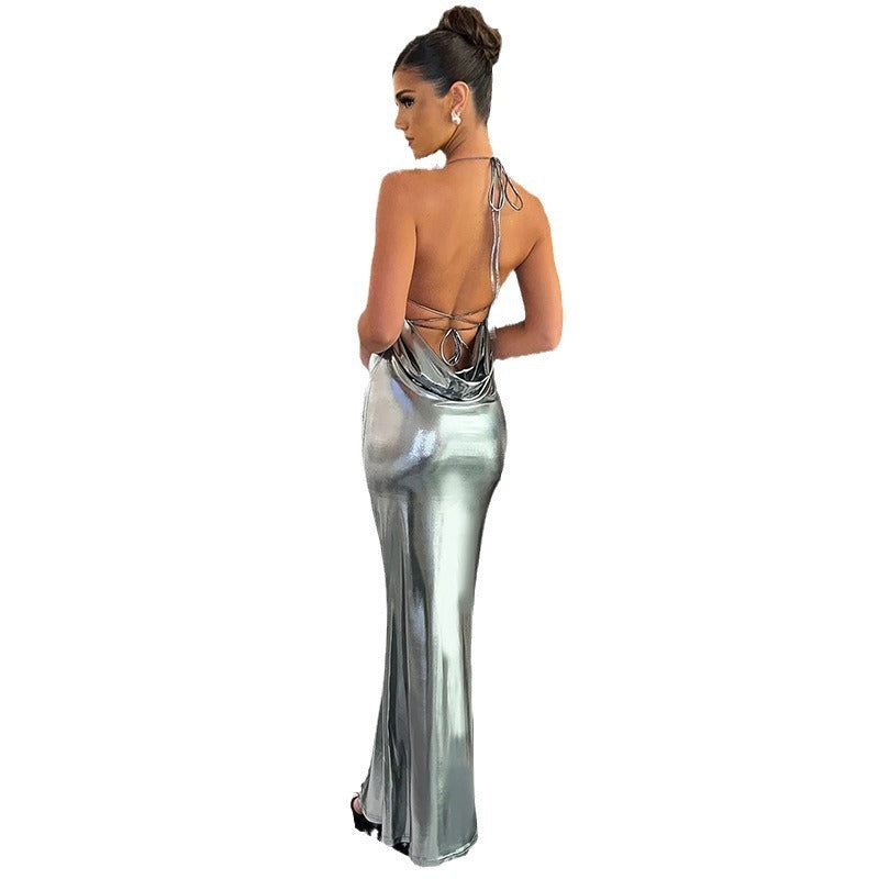 Pure Color Halter Sling Swing Collar Low-cut Glossy Metallic Backless Dress