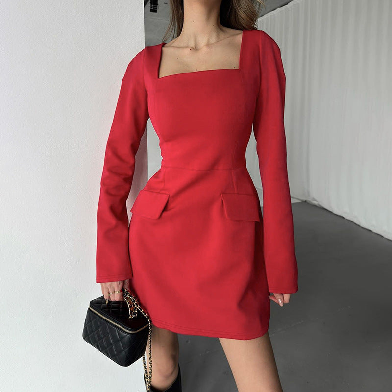 Women's Fashion Loose Square Collar Mid Waist Dress