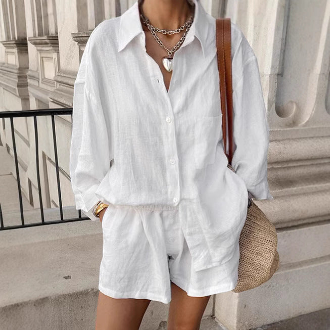 Simple Loose Shirt Suit Women's 100 Cotton Coat Shorts